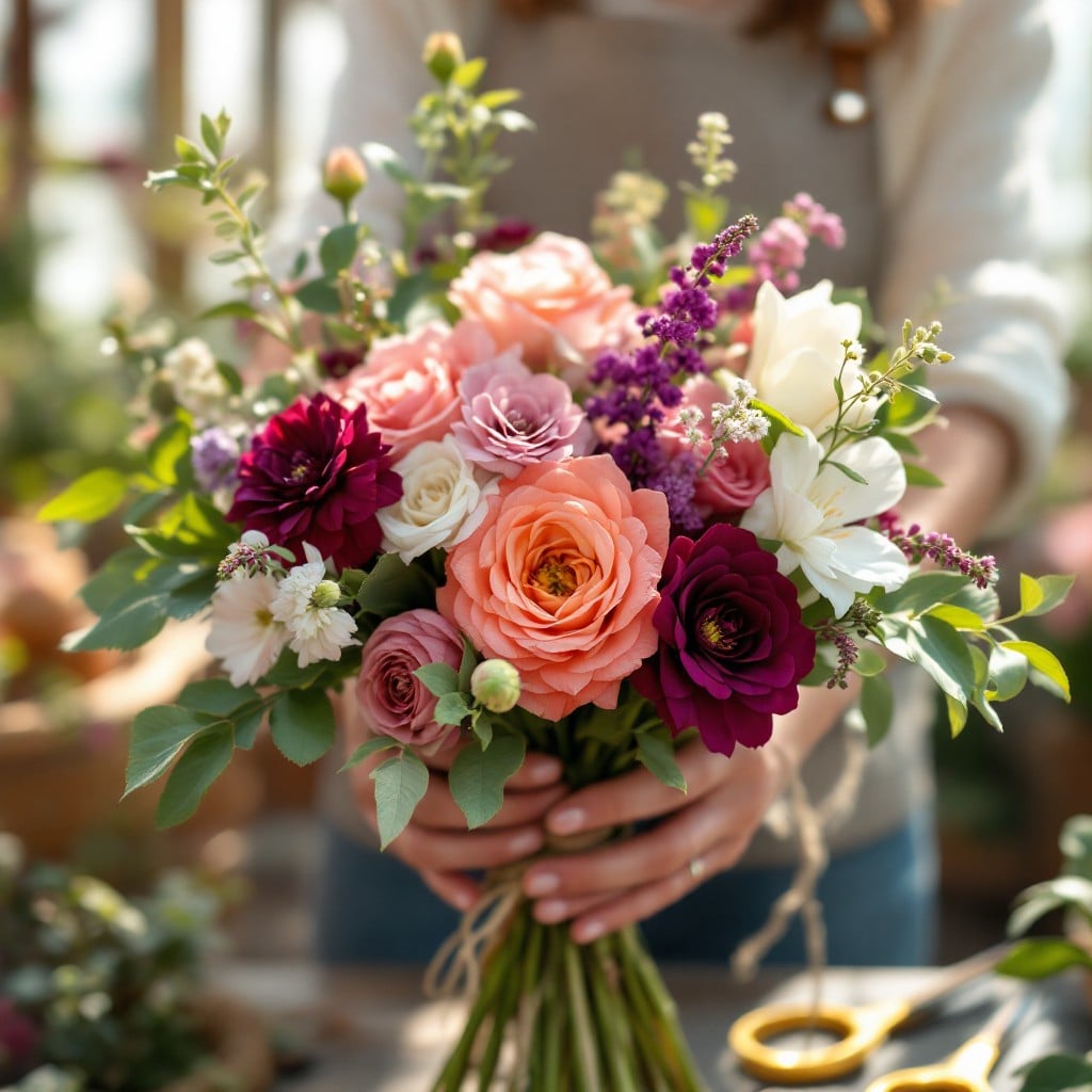Garden-style bridal bouquet with coral, pink, purple, and white blooms.